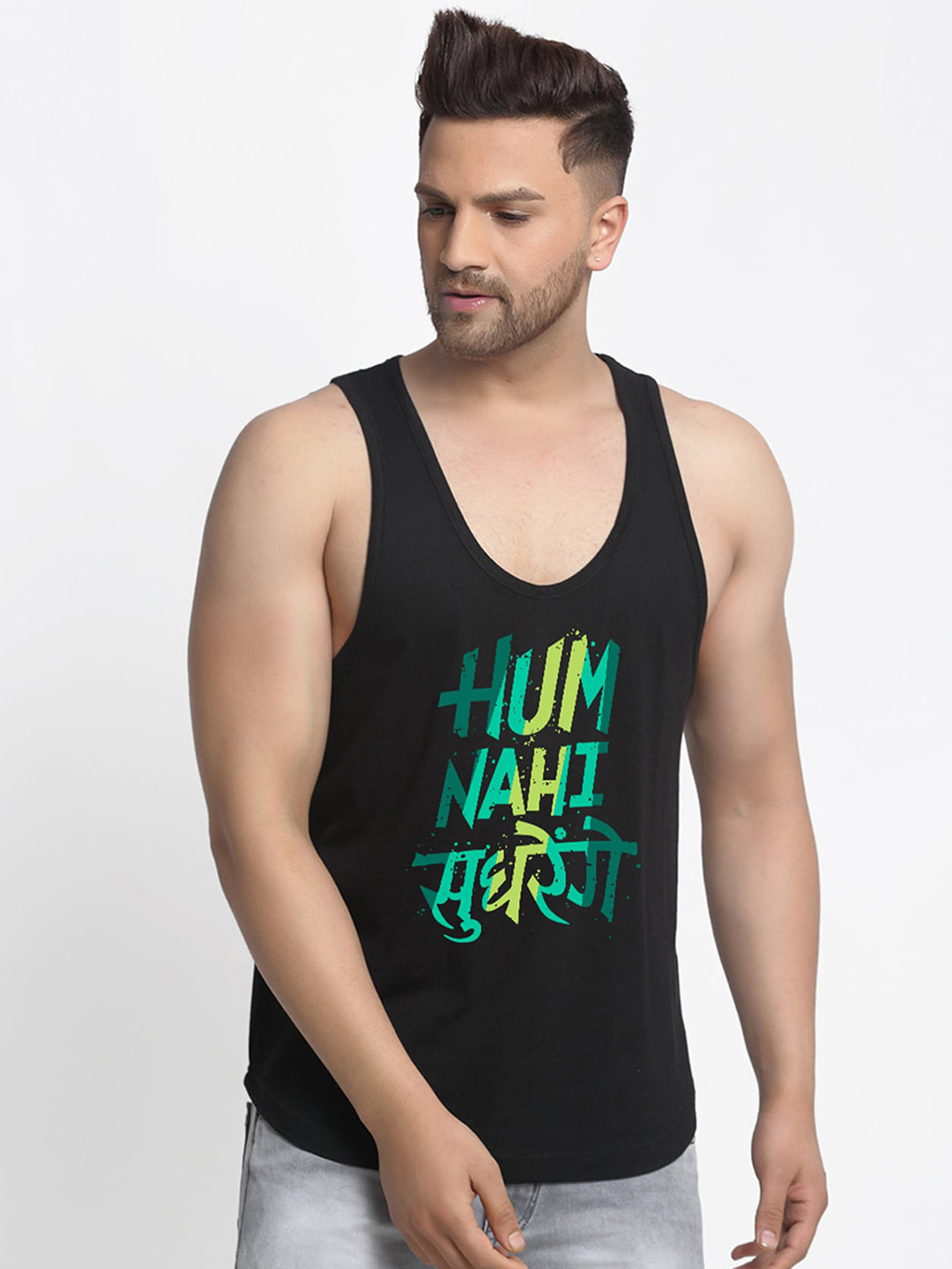 

Friskers Men Navy Blue & Green Printed Cotton Innerwear Vests, Black
