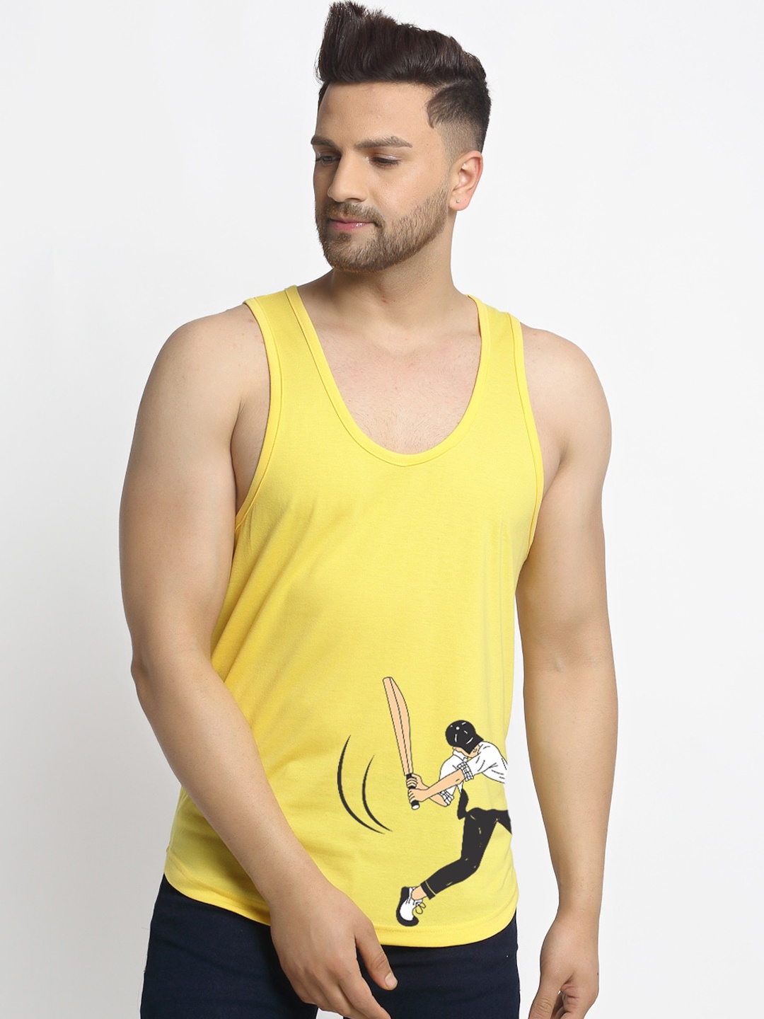 

Friskers Men Yellow & Black Printed Cotton Innerwear Vests