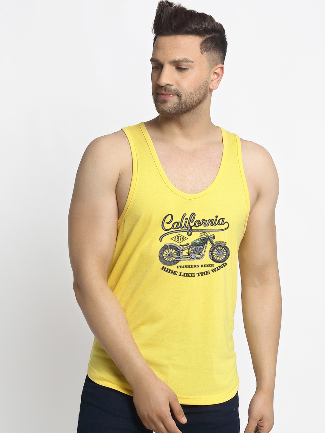

Friskers Men Yellow & Black Printed Cotton Innerwear Vests