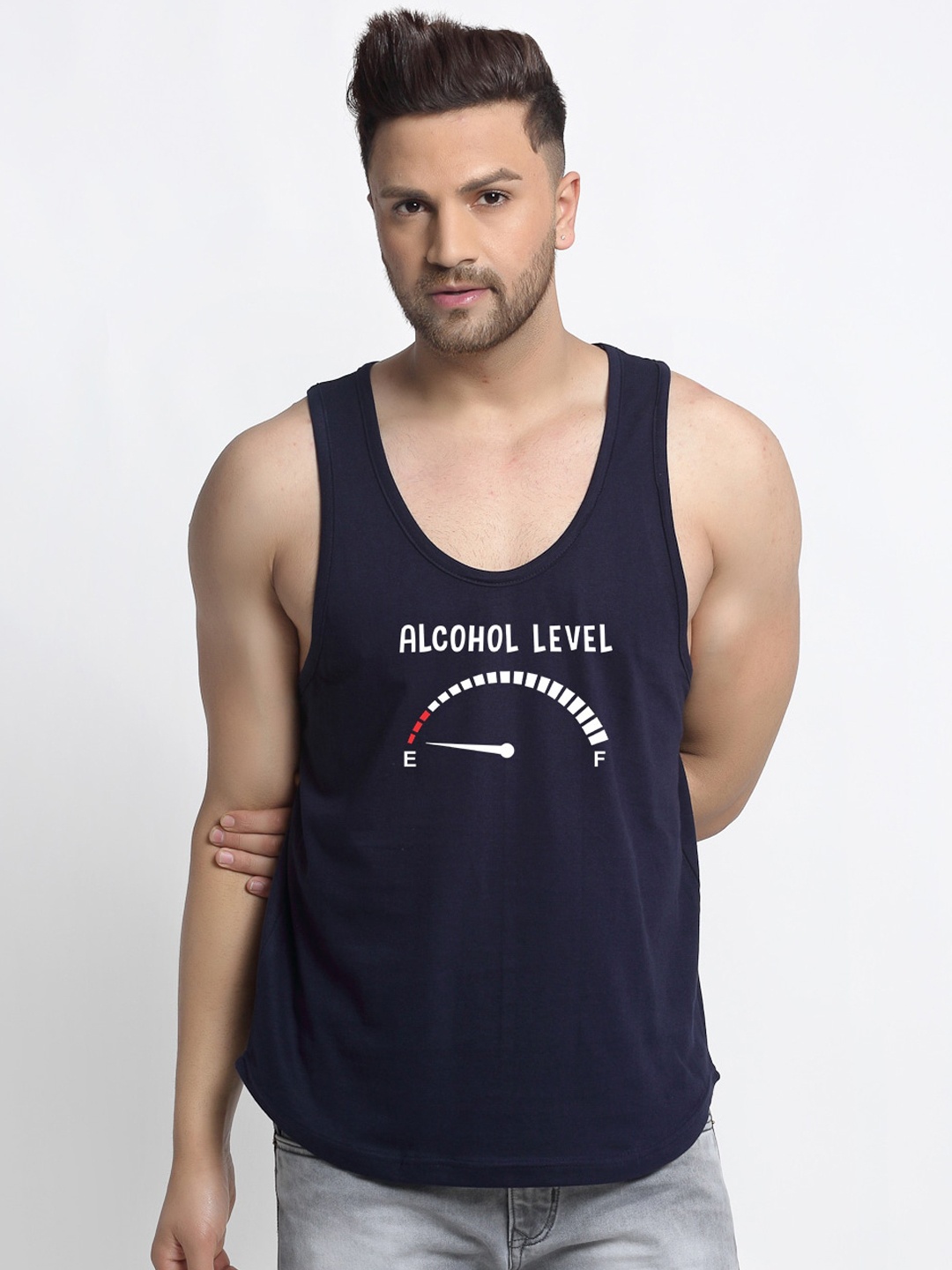 

Friskers Men Black & White Printed Cotton Innerwear Vests, Navy blue