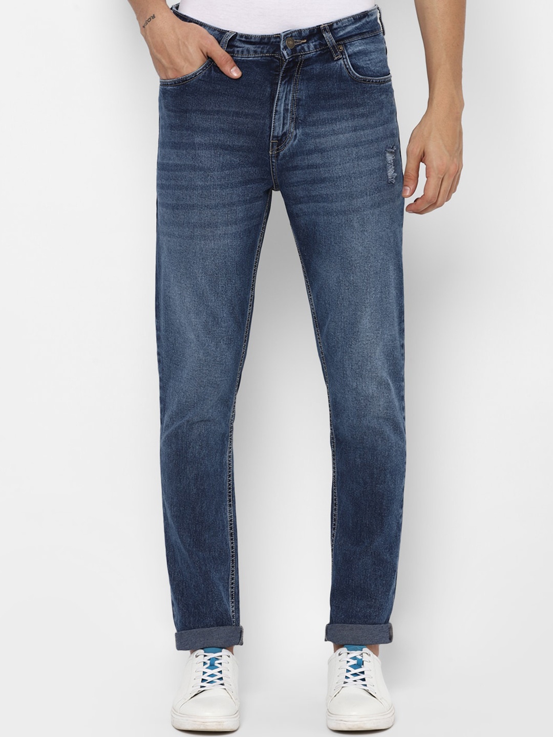 

FOREVER 21 Men Navy Blue Low Distress Light Fade Jeans