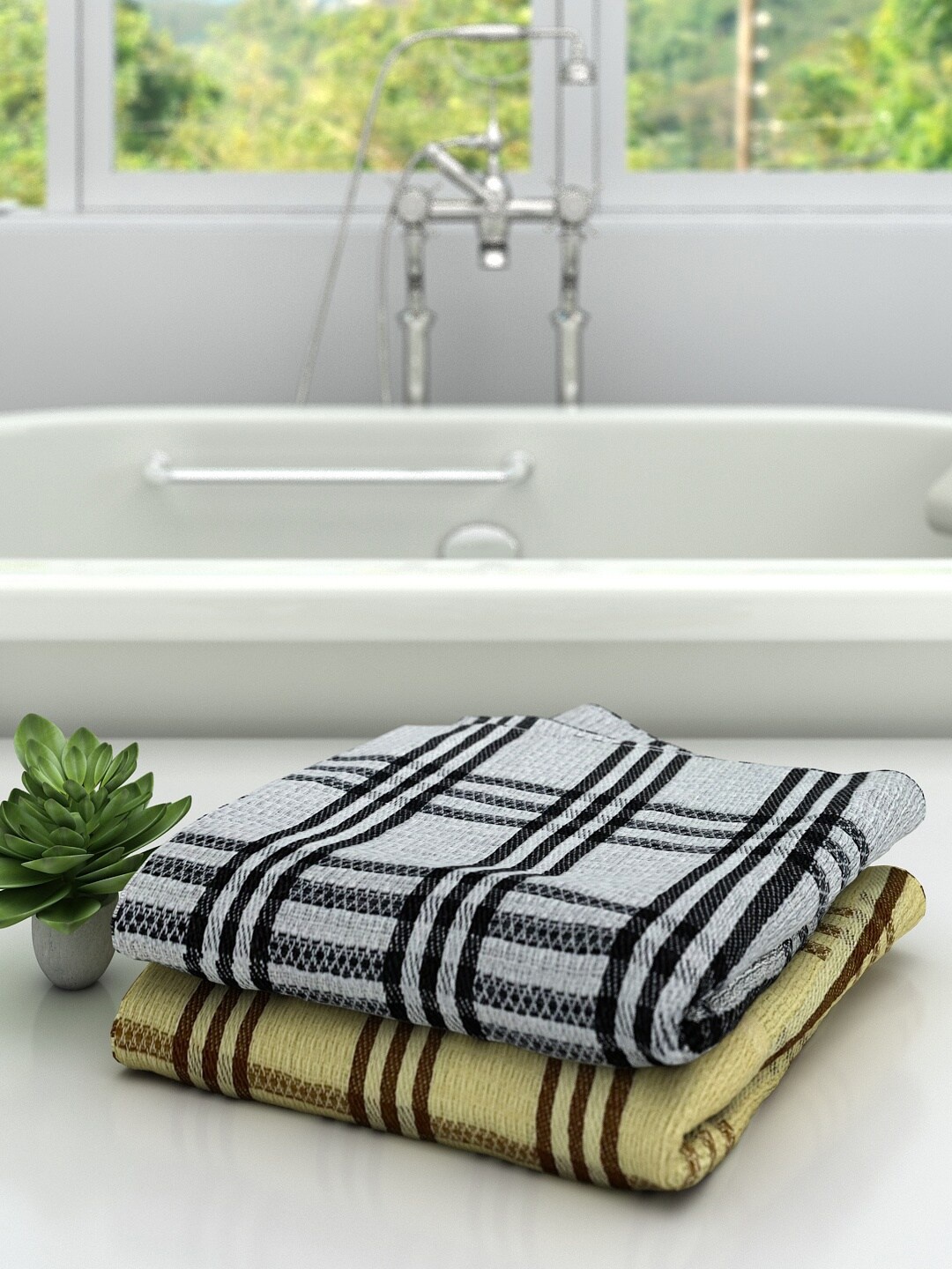 

Athom Trendz Set Of 2 Striped 210 GSM Cotton Bath Towels, Yellow