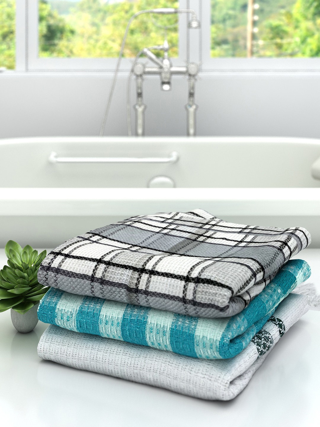 

Athome by Nilkamal Set Of 3 Checked Cotton 210 GSM Bath Towels, Blue
