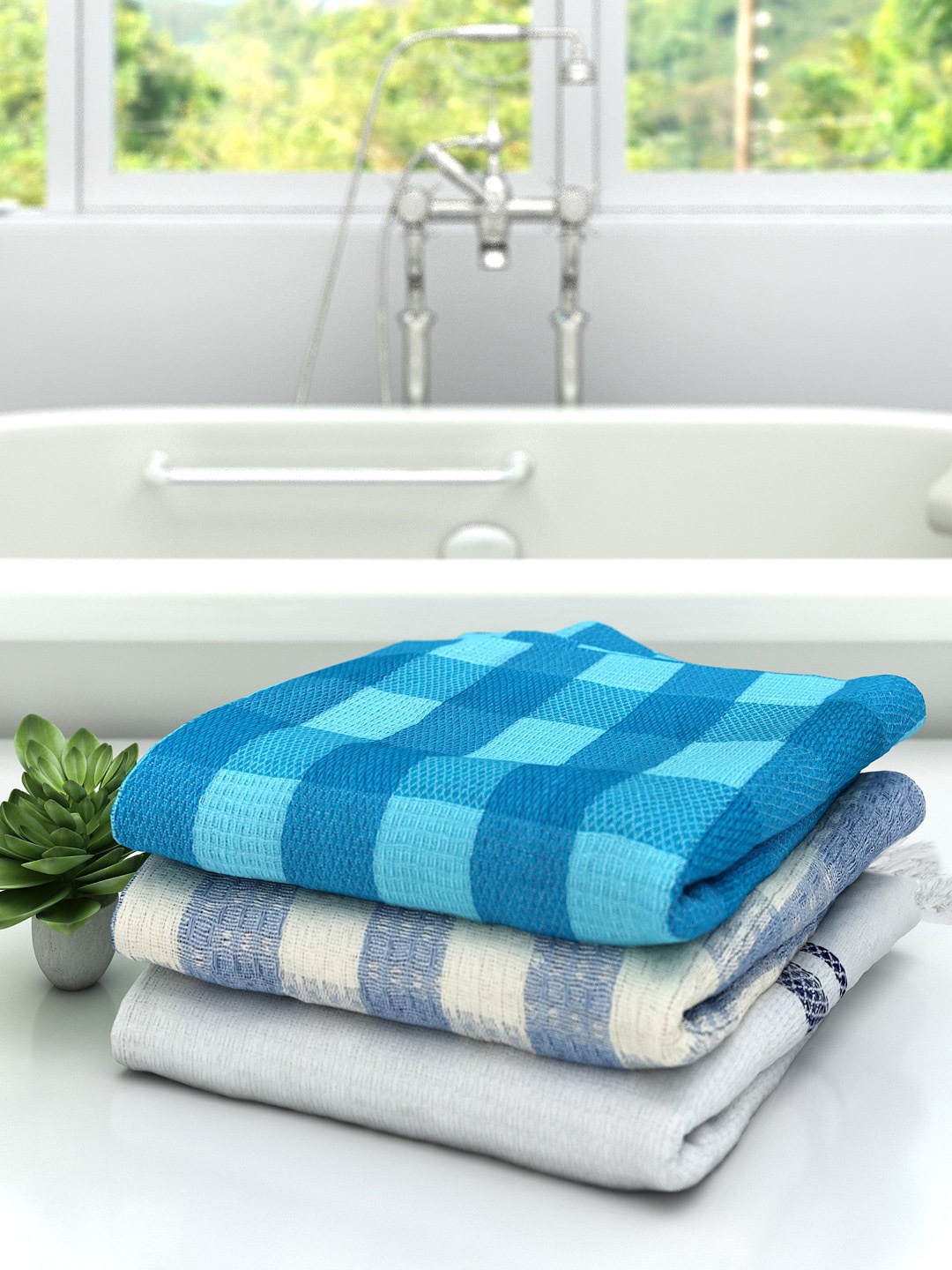 

Athom Trendz Set Of 3 Striped 210 GSM Cotton Bath Towels, Blue