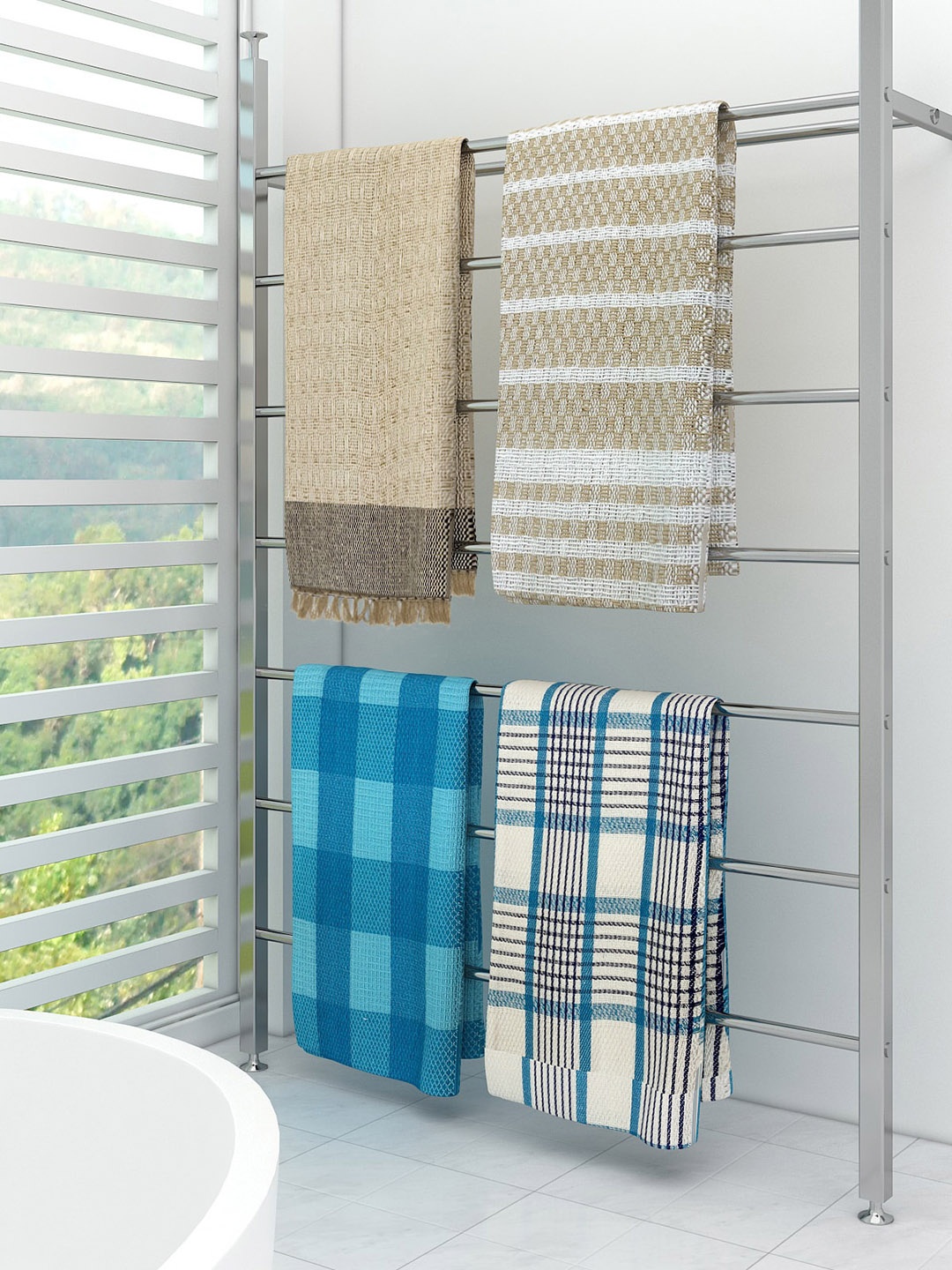 

Athome by Nilkamal Set Of 4 Checked Cotton 210 GSM Bath Towels, Blue