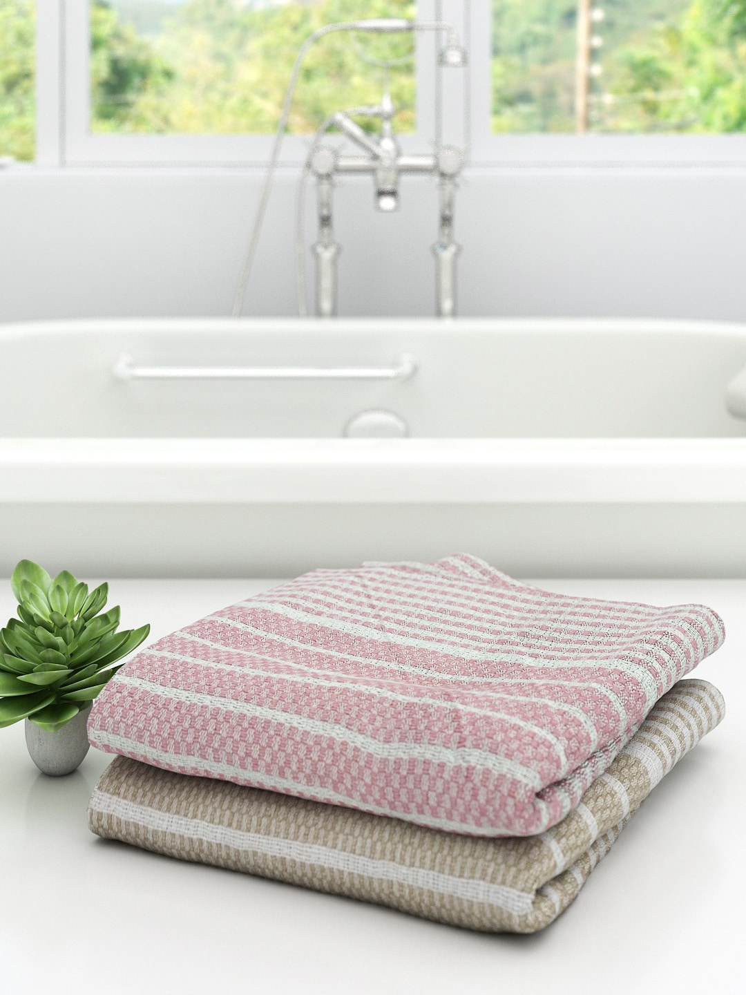 

Athom Trendz Pack Of 2 Striped Pure Cotton 210 GSM Bath Towel, Pink