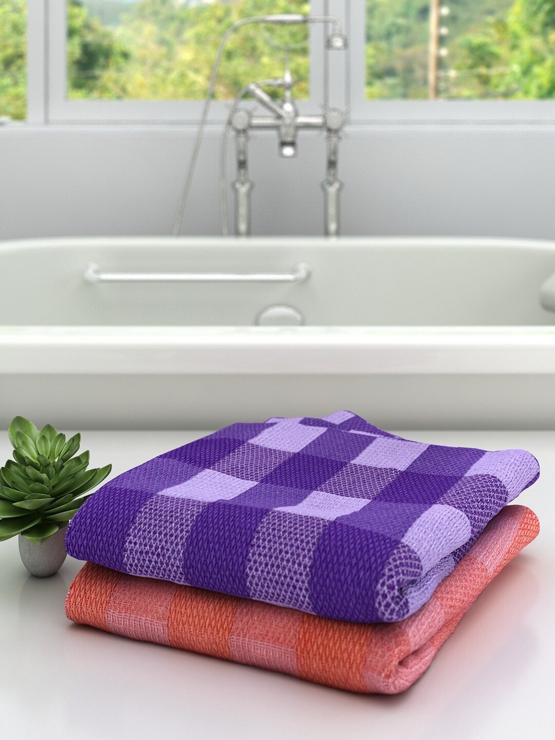 

Athom Trendz Pack Of 2 Checked Pure Cotton 210 GSM Bath Towel, Purple