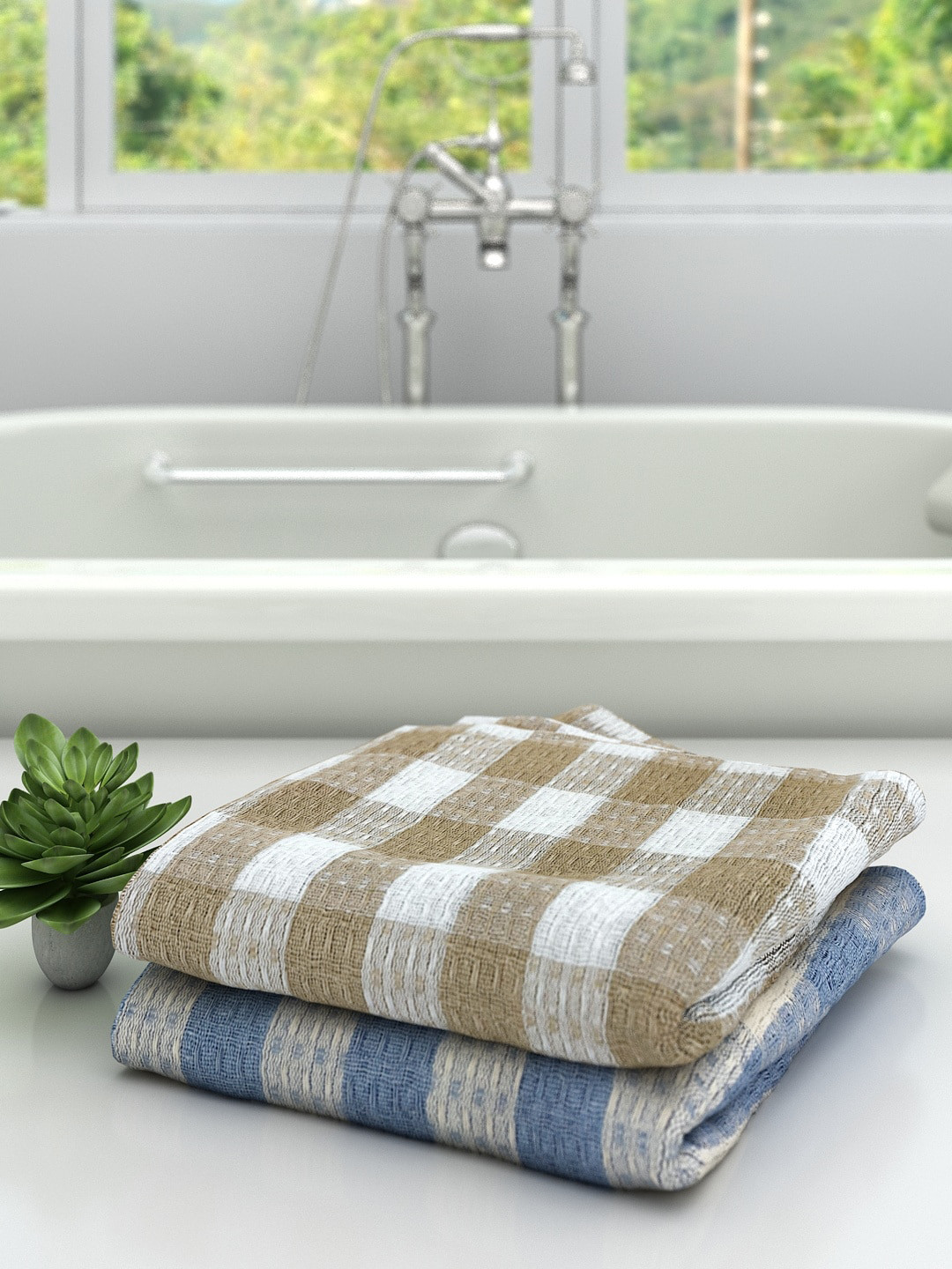 

Athom Trendz Set Of 2 Checked Cotton 210 GSM Bath Towels, Beige