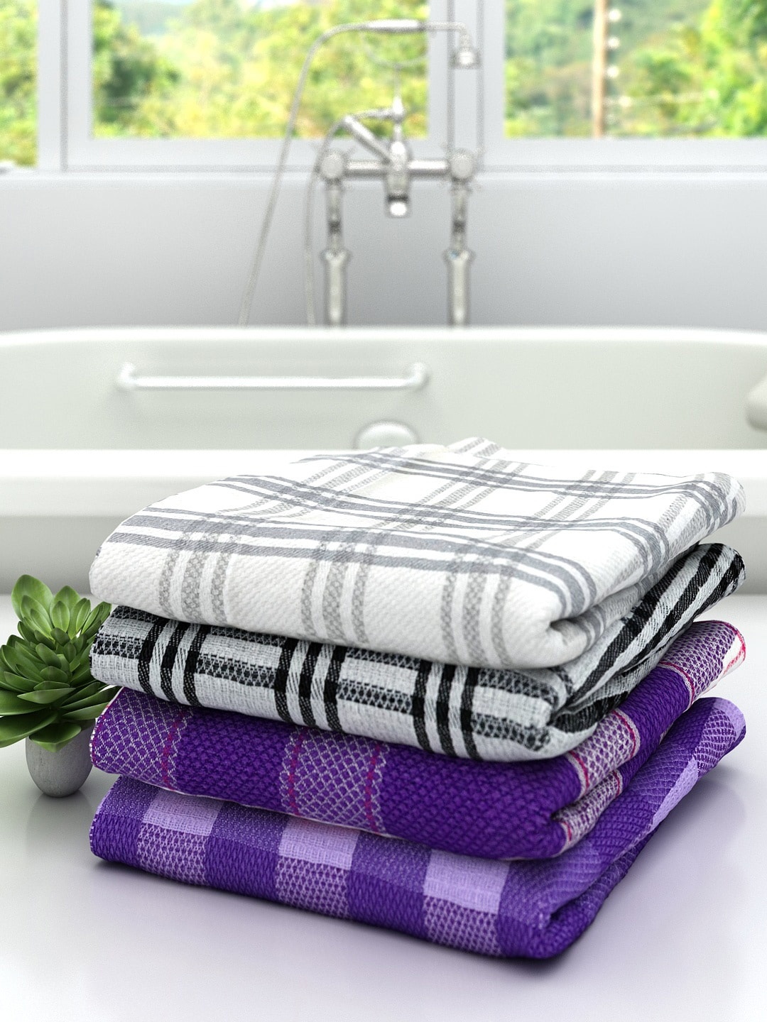 

Athom Trendz Pack Of 4 Checked Pure Cotton 210 GSM Bath Towel, Purple