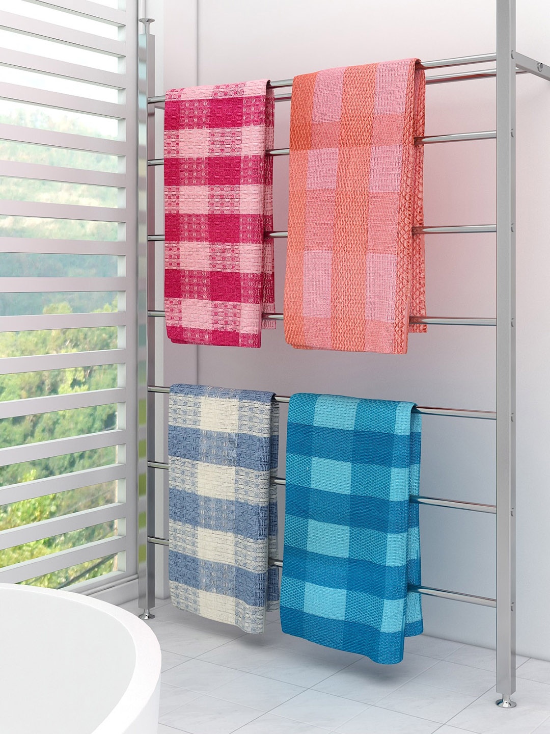 

Athom Trendz Set Of 4 Checked Cotton 210 GSM Bath Towels, Blue