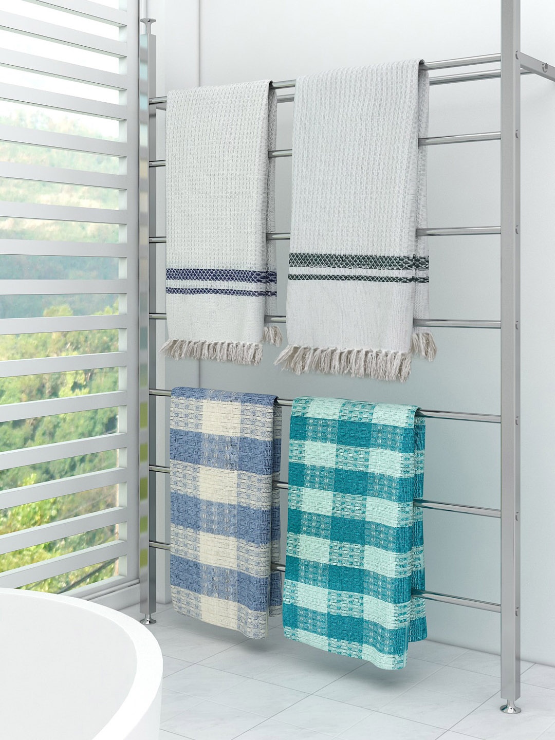 

Athom Trendz Pack Of 4 Checked Pure Cotton 210 GSM Bath Towel, Blue