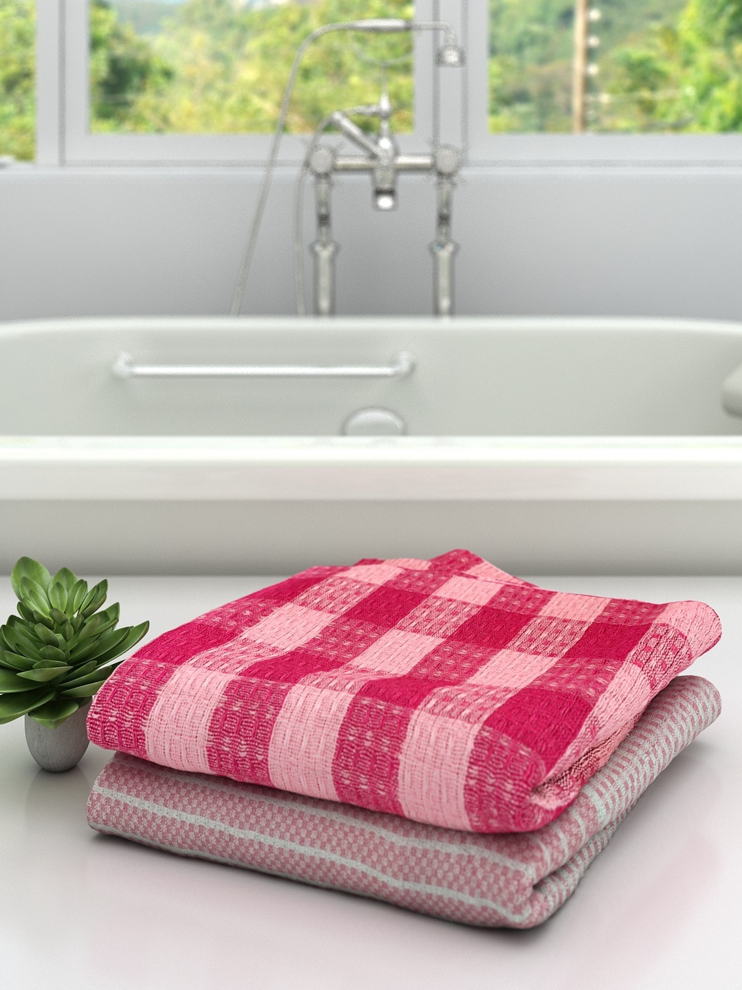 

Athom Trendz Set Of 2 Checked Cotton 210 GSM Bath Towels, Pink