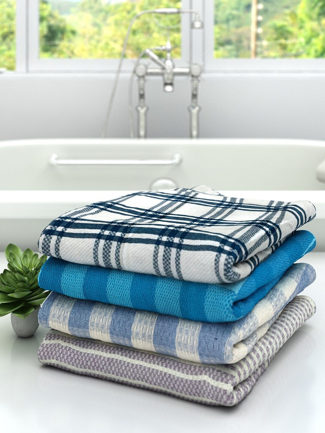 

Athom Trendz Pack Of 4 Checked Pure Cotton 210 GSM Bath Towel, Blue
