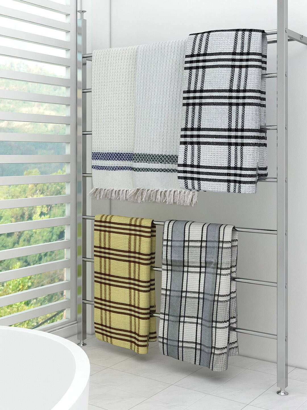 

Athom Trendz Set Of 5 Checked Cotton 210 GSM Bath Towels, White