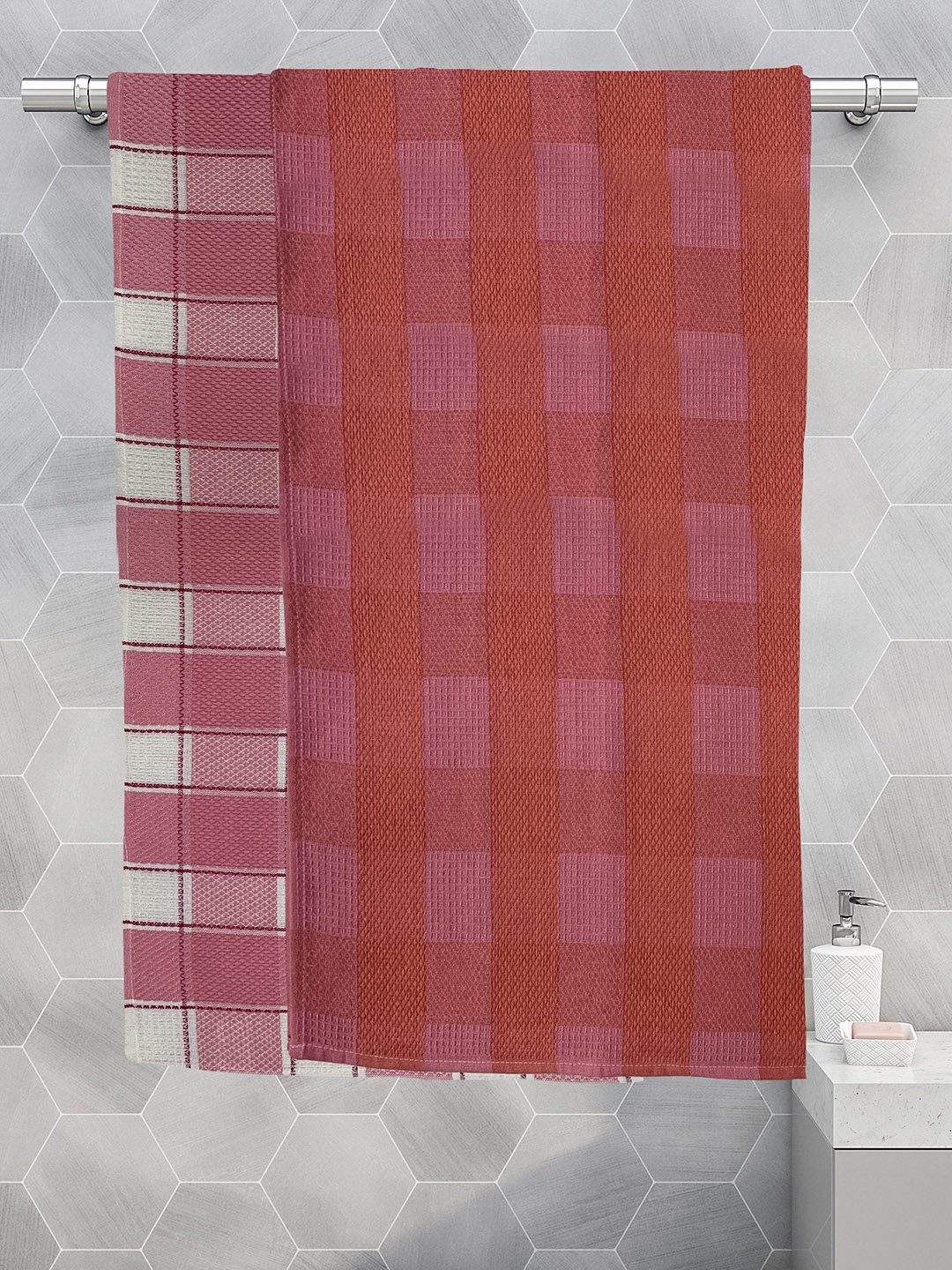 

Athom Trendz Pack Of 2 Checked Pure Cotton 210 GSM Bath Towel, Pink