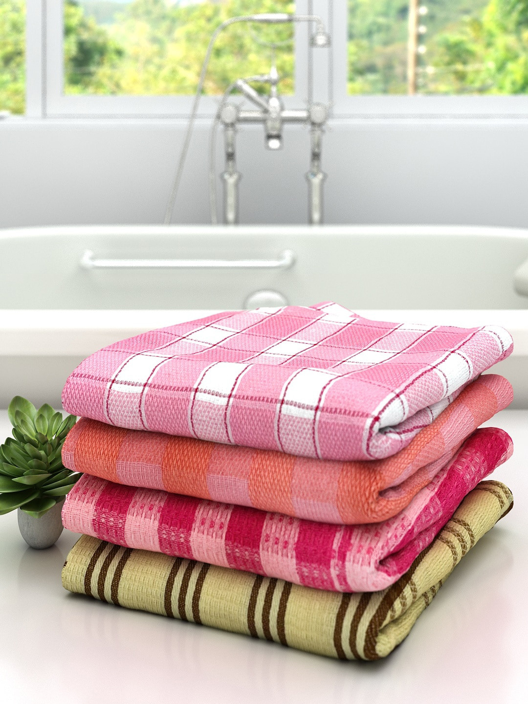 

Athom Trendz Pack Of 4 Checked Pure Cotton 210 GSM Bath Towel, Pink