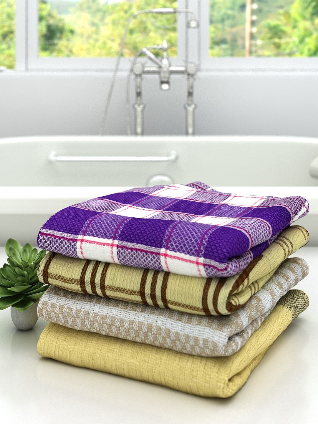 

Athom Trendz Pack Of 4 Checked Pure Cotton 210 GSM Bath Towel, Yellow