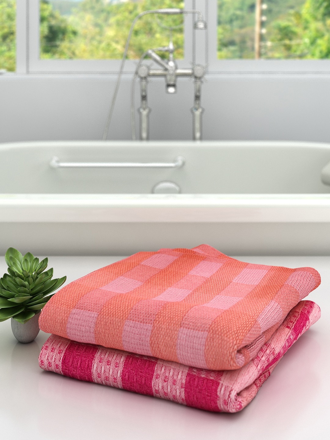 

Athom Trendz Set Of 2 Checked Cotton 210 GSM Bath Towels, Pink