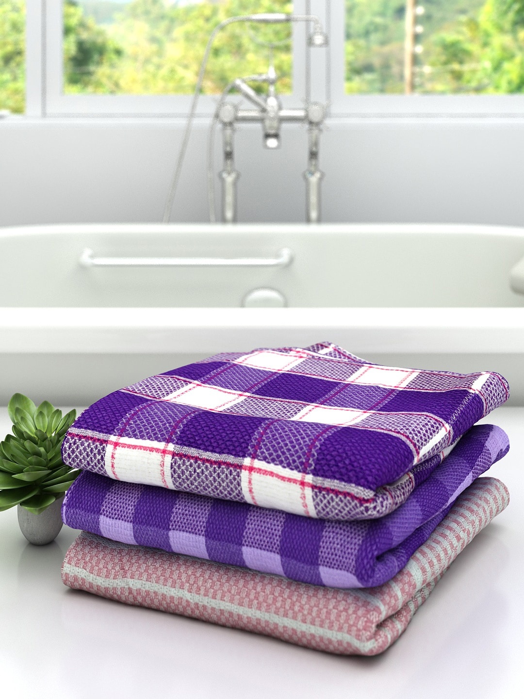 

Athom Trendz Set Of 3 Checked Cotton 210 GSM Bath Towels, Purple