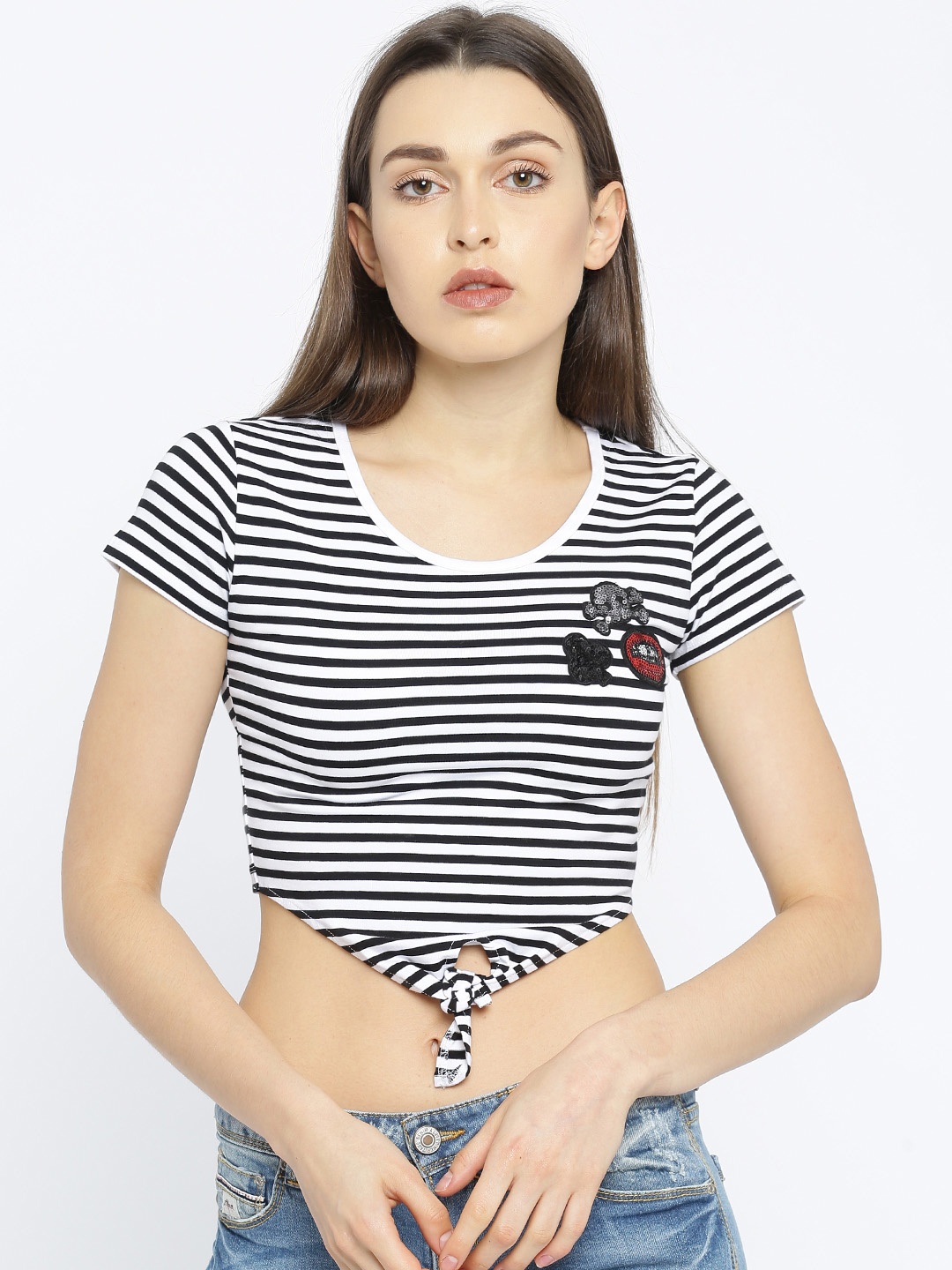 

ALCOTT Women Black & White Striped Crop Top