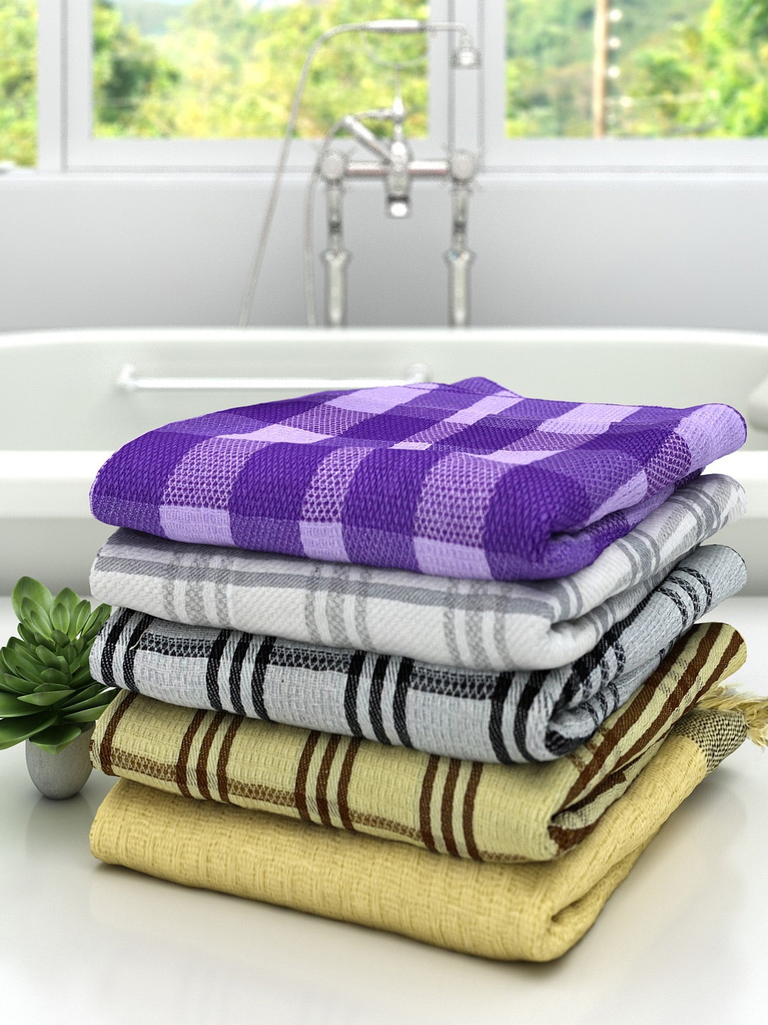 

Athom Trendz Pack Of 4 Checked Pure Cotton 210 GSM Bath Towel, Yellow