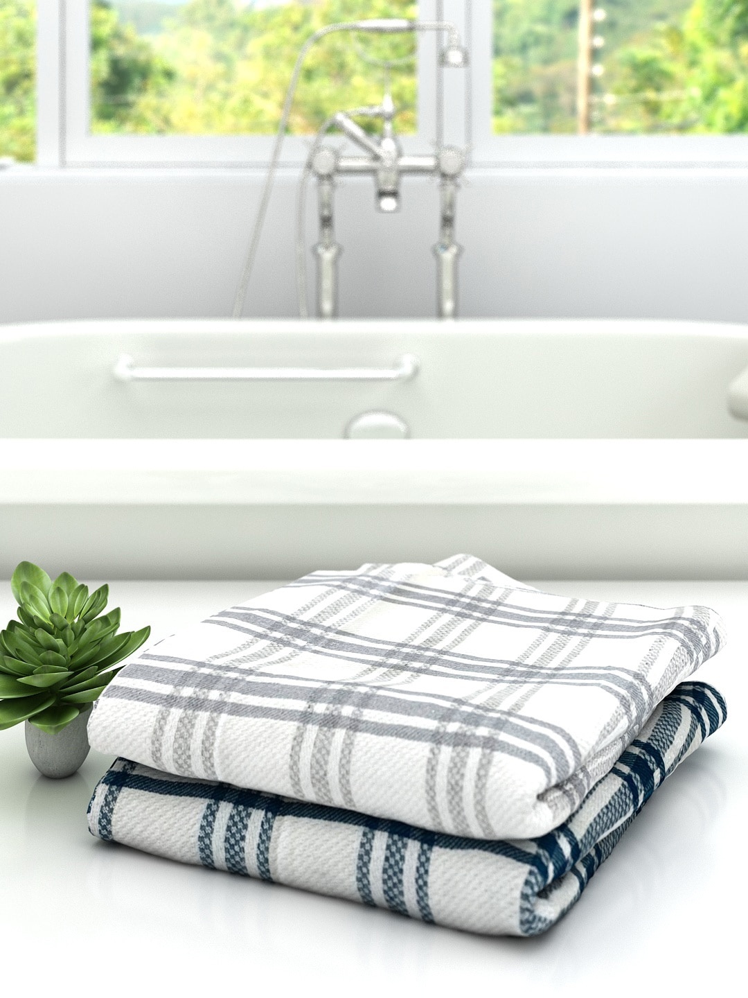 

Athom Trendz Set Of 2 Checked Cotton 210 GSM Bath Towels, Grey