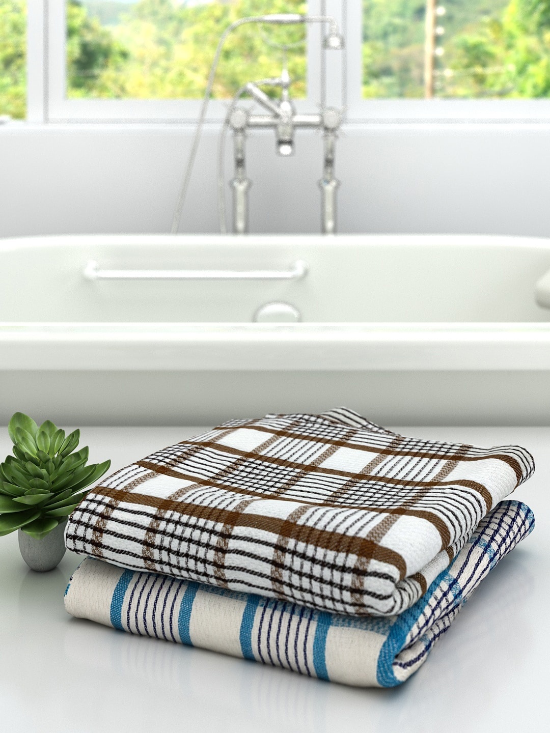 

Athom Trendz Pack Of 2 Checked Pure Cotton 210 GSM Bath Towel, White