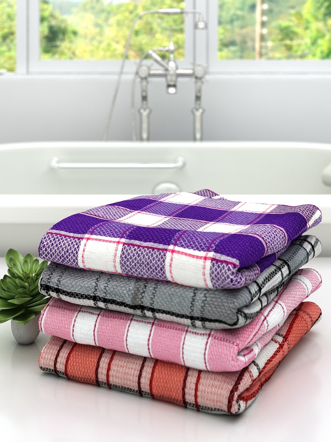 

Athom Trendz Pack Of 4 Checked Pure Cotton 210 GSM Bath Towel, Purple