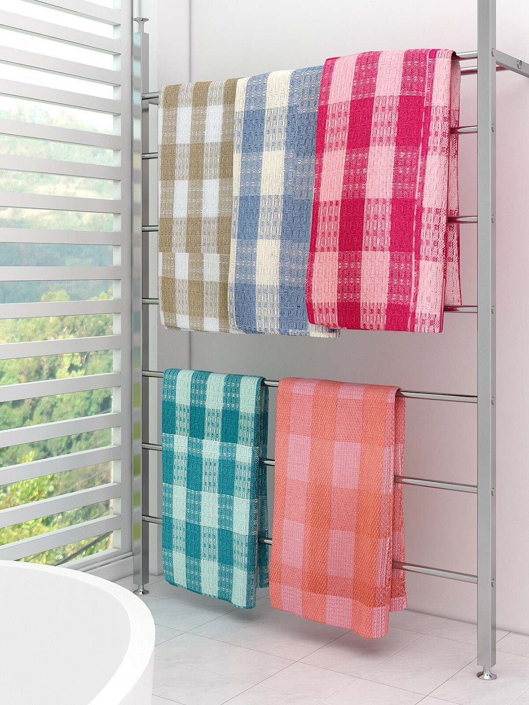 

Athom Trendz Pack Of 5 Checked Pure Cotton 210 GSM Bath Towel, Pink