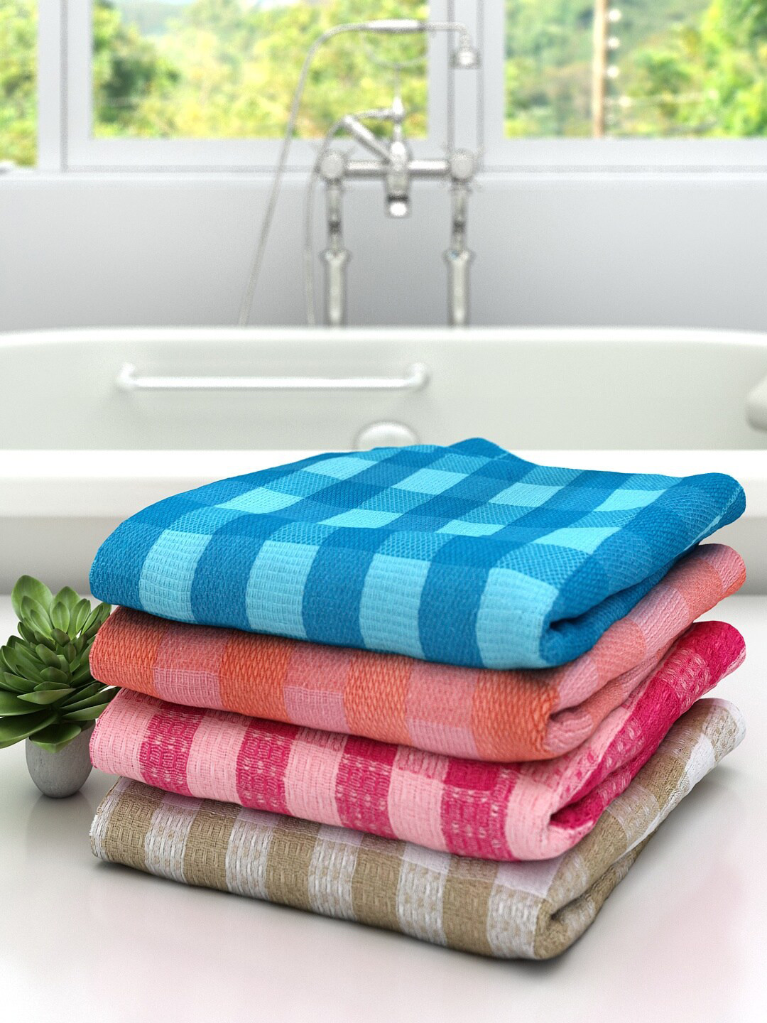 

Athom Trendz Pack Of 4 Checked Pure Cotton 210 GSM Bath Towel, Blue