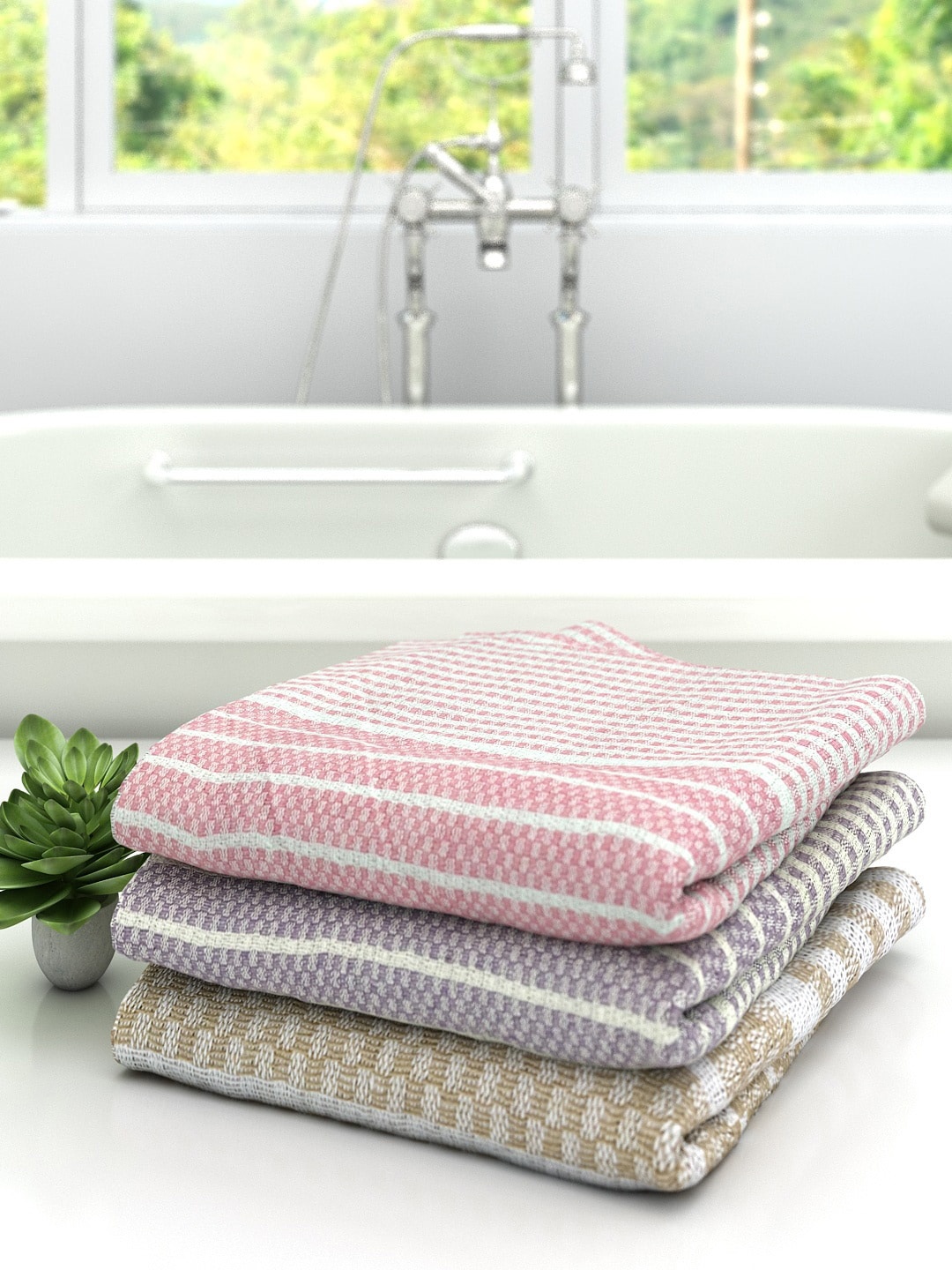 

Athom Trendz Pack Of 3 Striped Pure Cotton 210 GSM Bath Towel, Pink