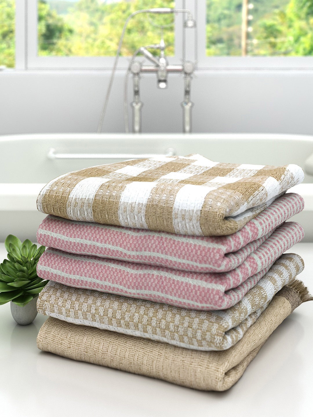 

Athom Trendz Set of 5 Striped Pure Cotton 210 GSM Lightweight Bath Towels, Multi