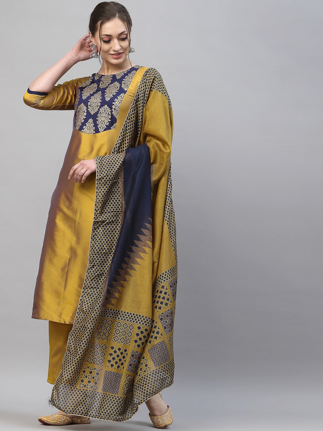 

KALINI Women Mustard Yellow Ethnic Motifs Yoke Design Empire Kurta with Trousers & With Dupatta