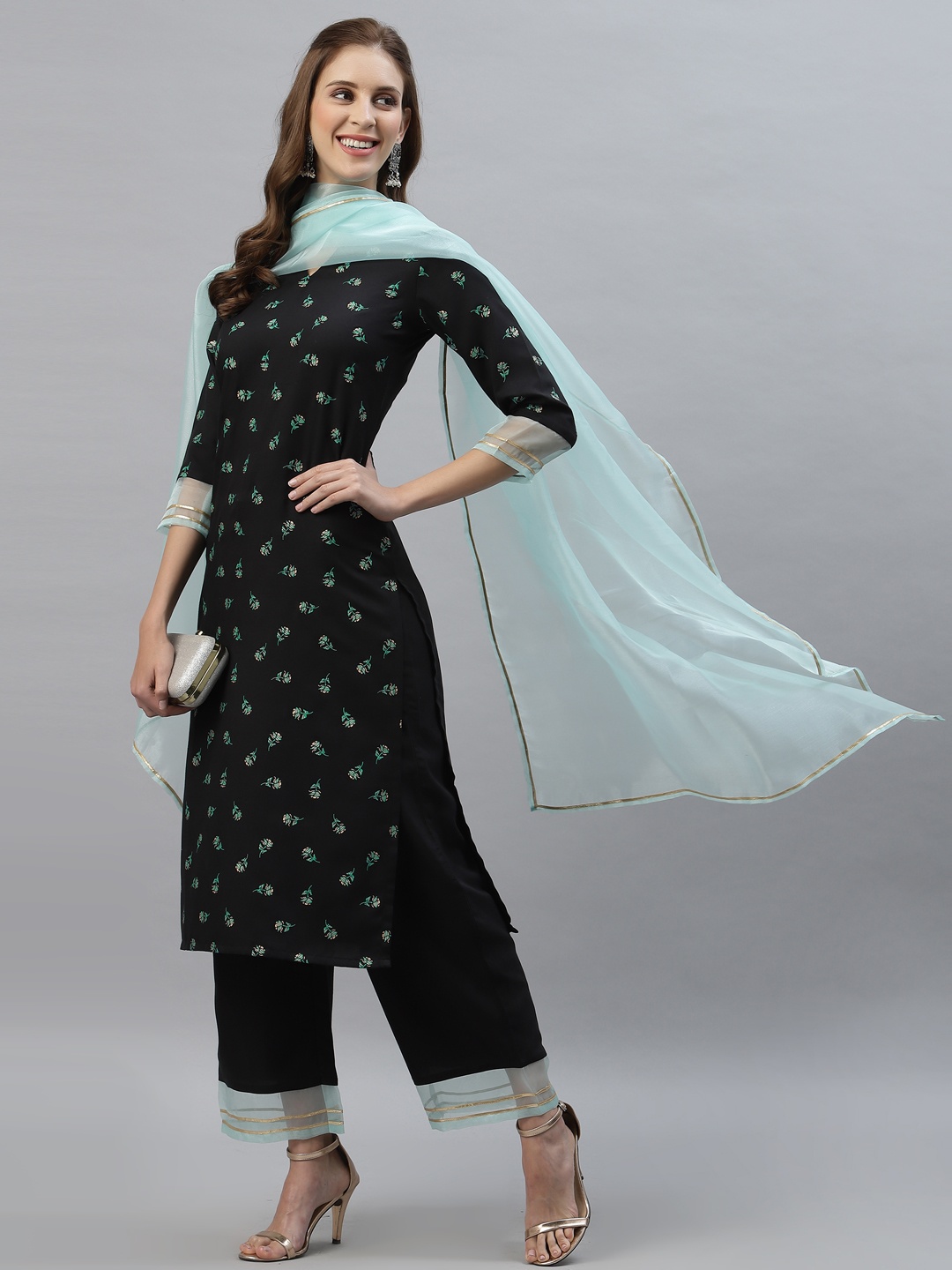 

KALINI Women Black Ethnic Motifs Yoke Design Regular Kurti with Trousers