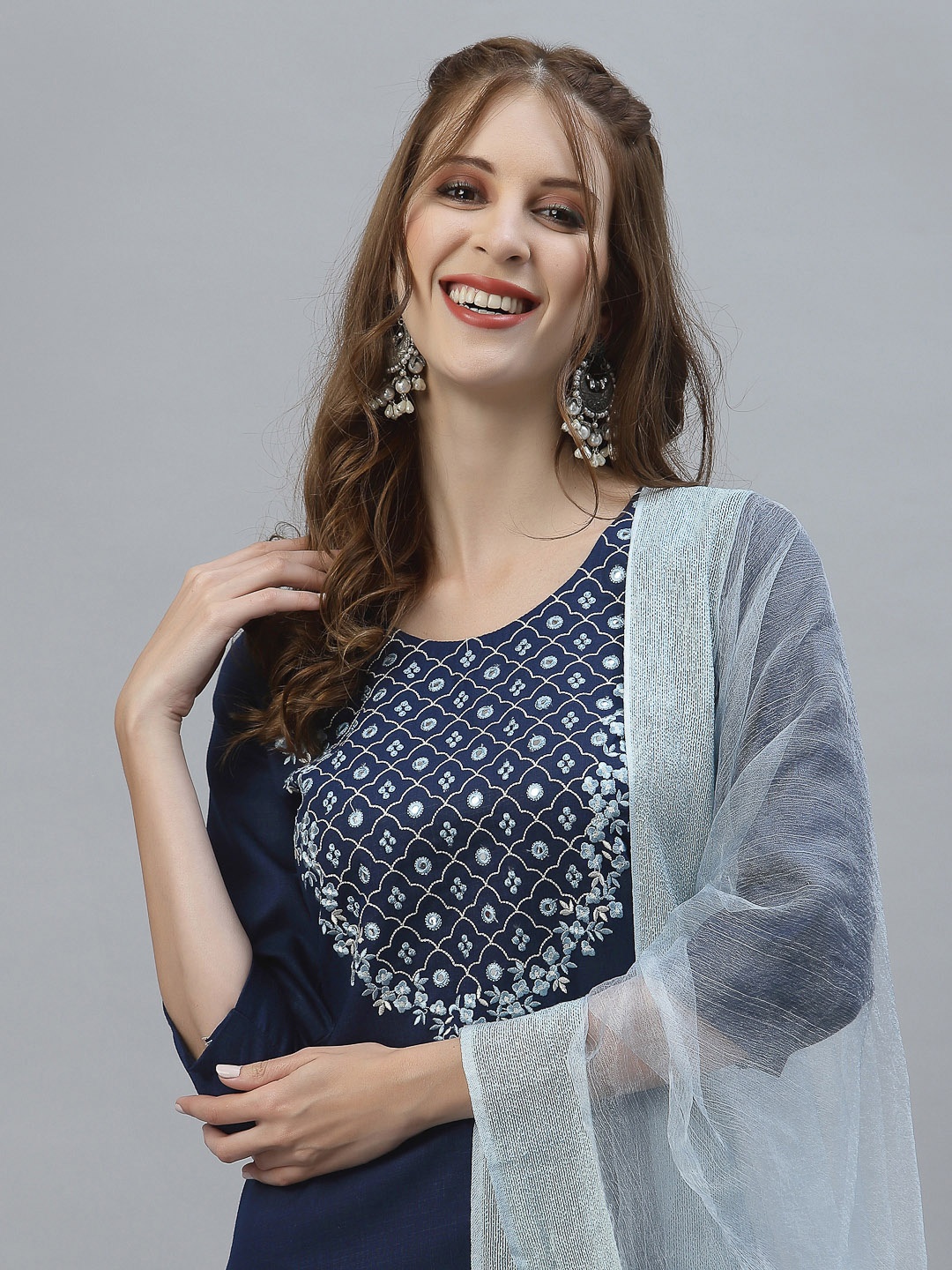 

KALINI Women Navy Blue Empire Kurta with Trousers & With Dupatta