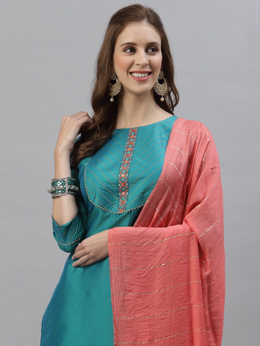 

KALINI Women Green Embroidered Panelled Kurta with Trousers & With Dupatta