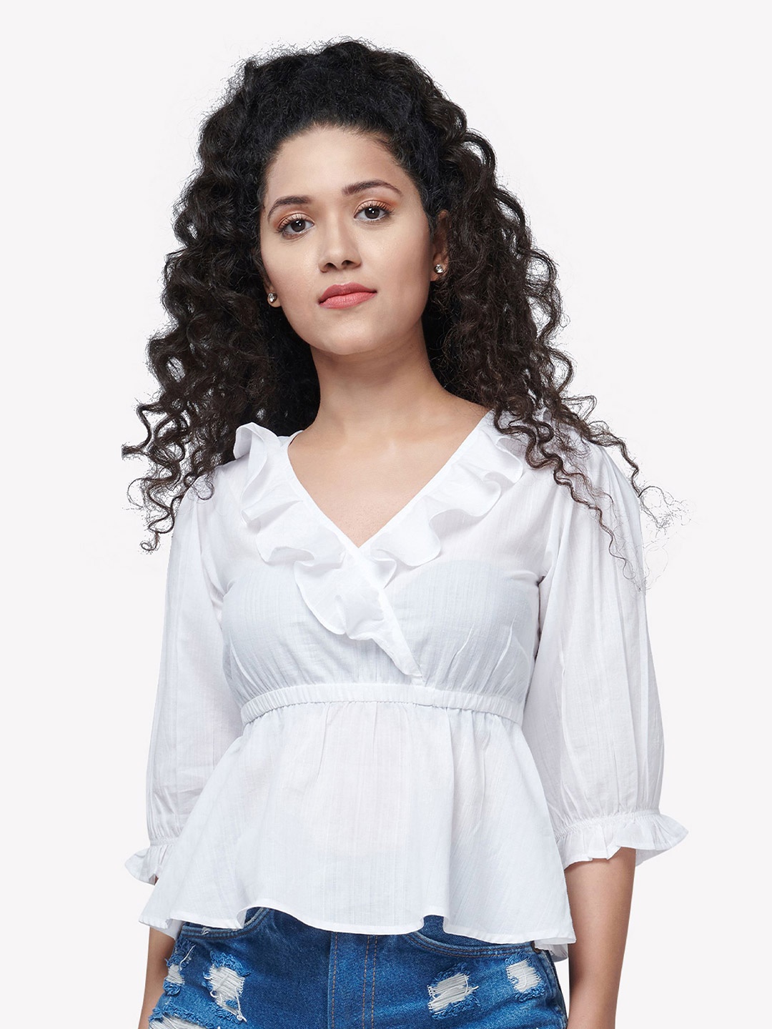 

VASTRADO White Ruffles Monochrome Pure Cotton Cinched Waist Top