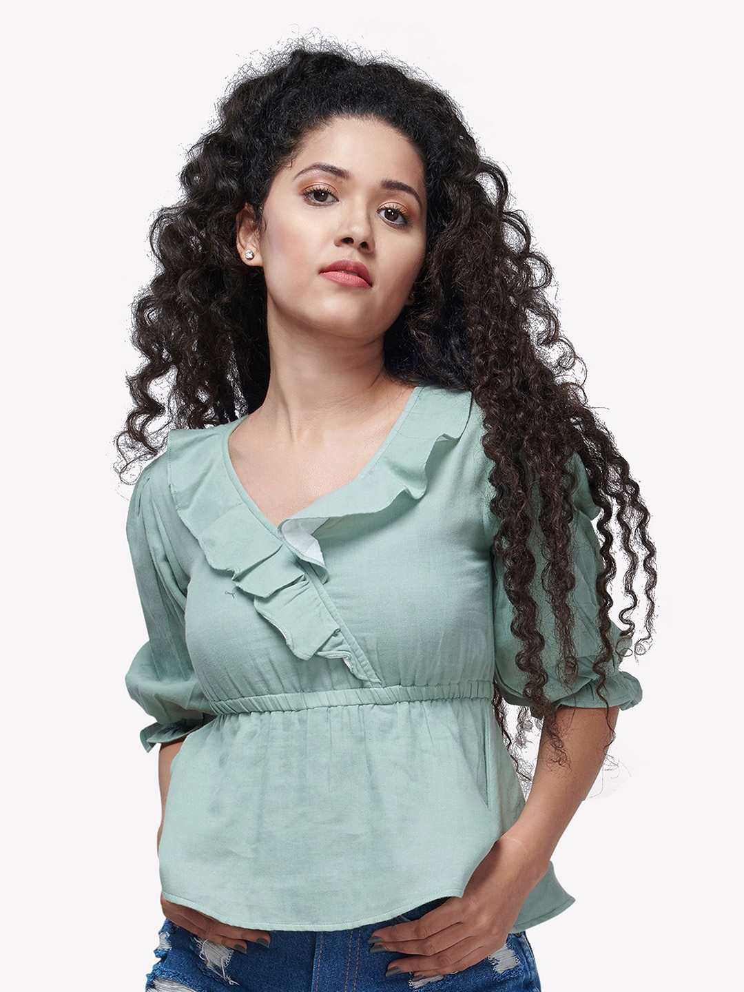 

VASTRADO Green Cinched Waist Top