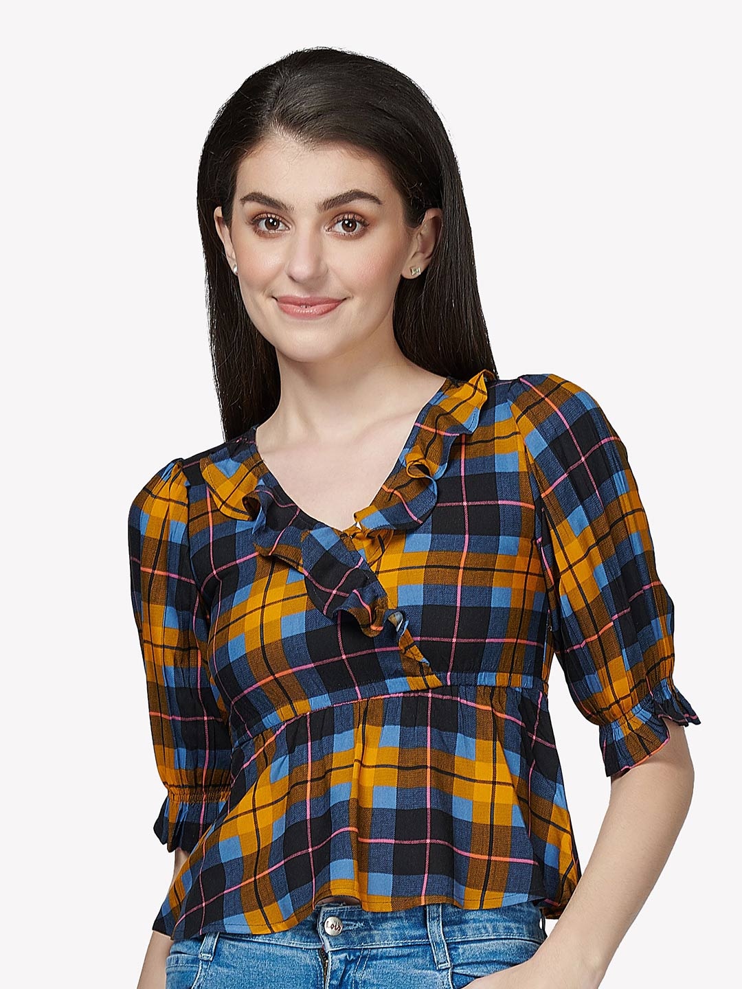 

VASTRADO Multicoloured Checked Wrap Top, Multi