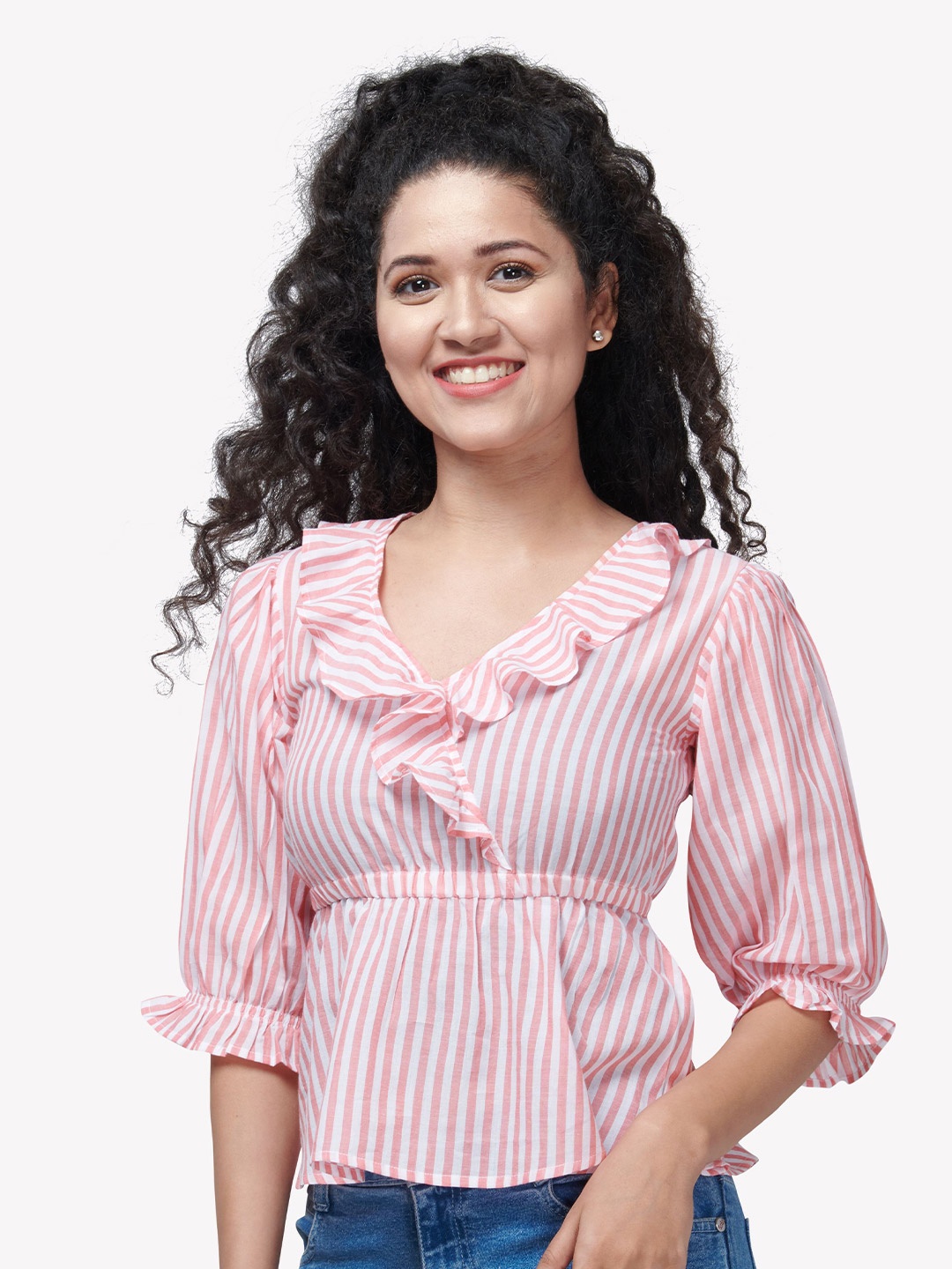 

VASTRADO Pink Striped Cinched Waist Top