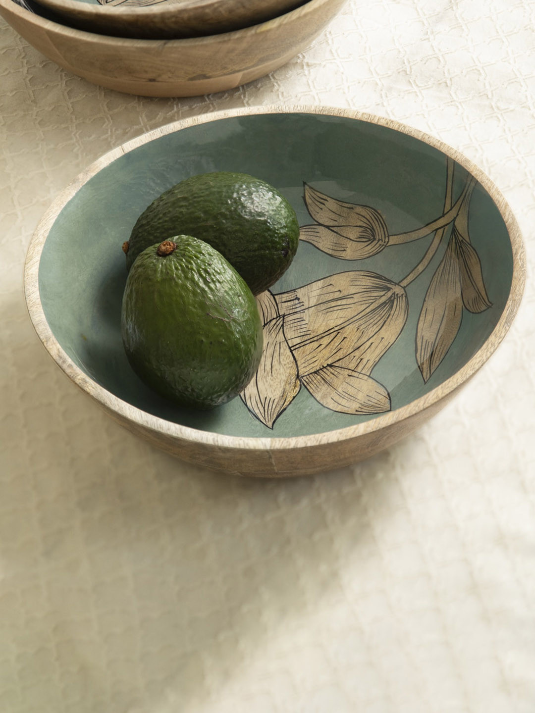 

ellementry Blue & White Printed Wooden Serving Bowl