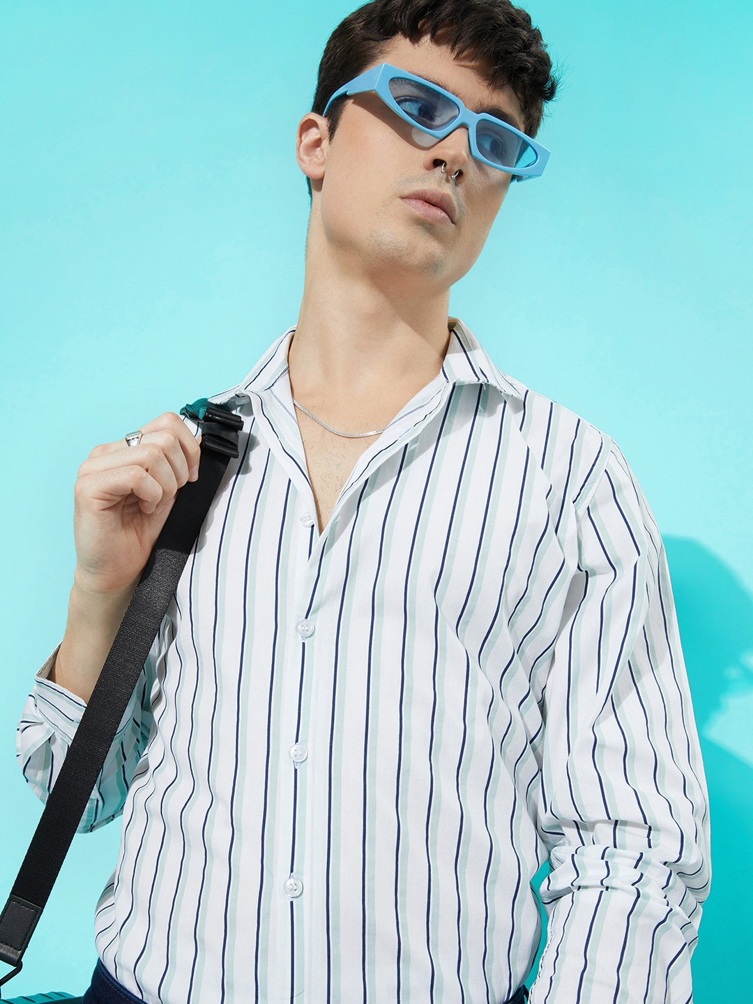 

Mast & Harbour Pure Cotton Striped Casual Shirt, Green