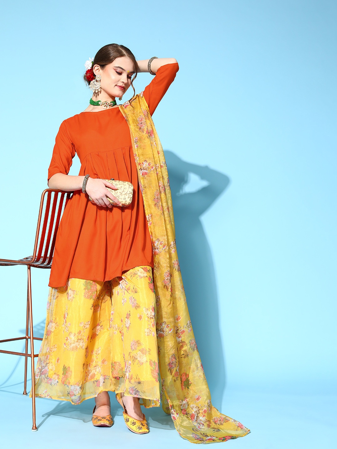 

InWeave Women Floral Viscose Rayon Pleated Form Kurta Set, Orange