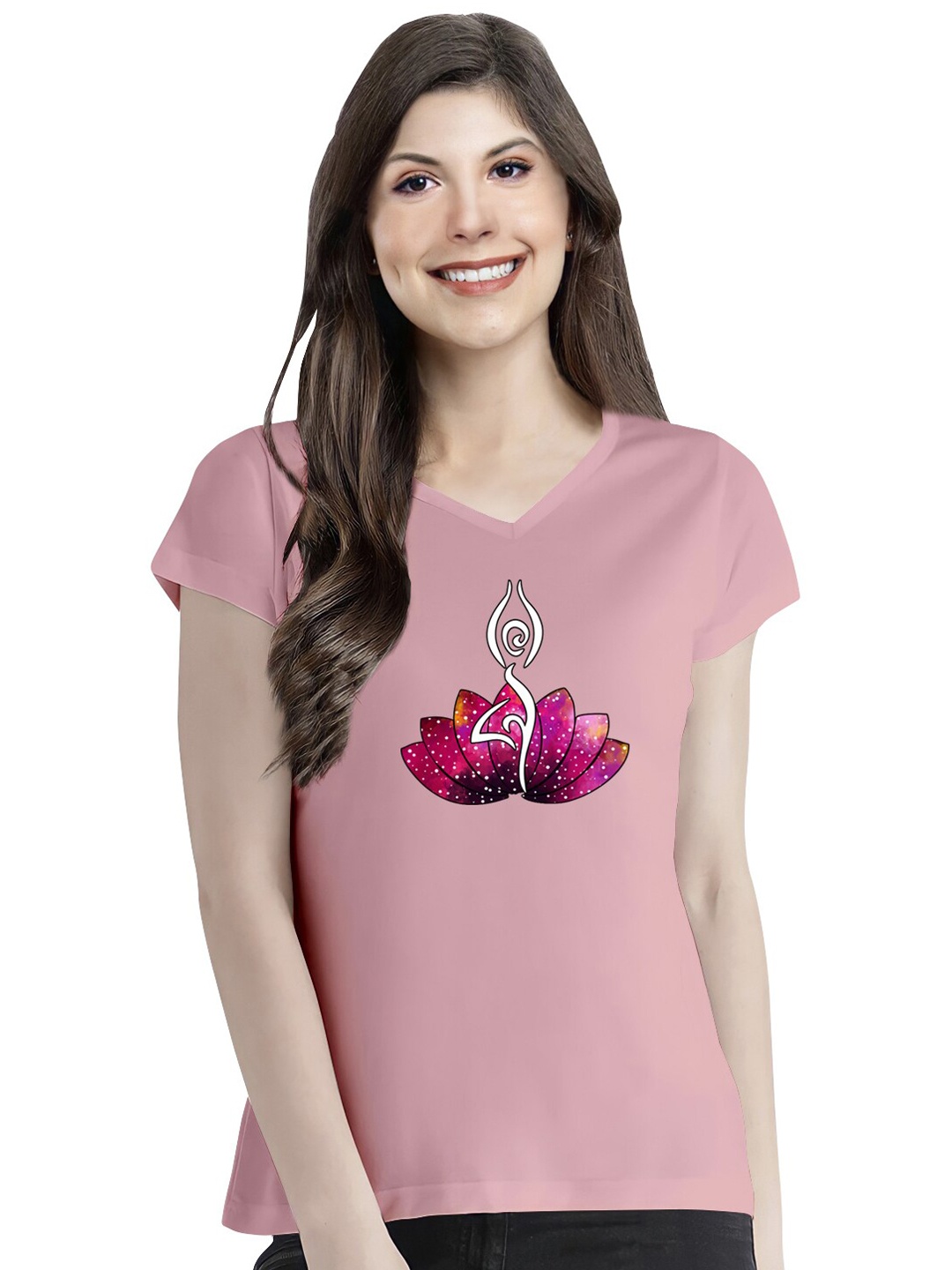 

Pootlu Women Pink Printed V-Neck Extended Sleeves T-shirt