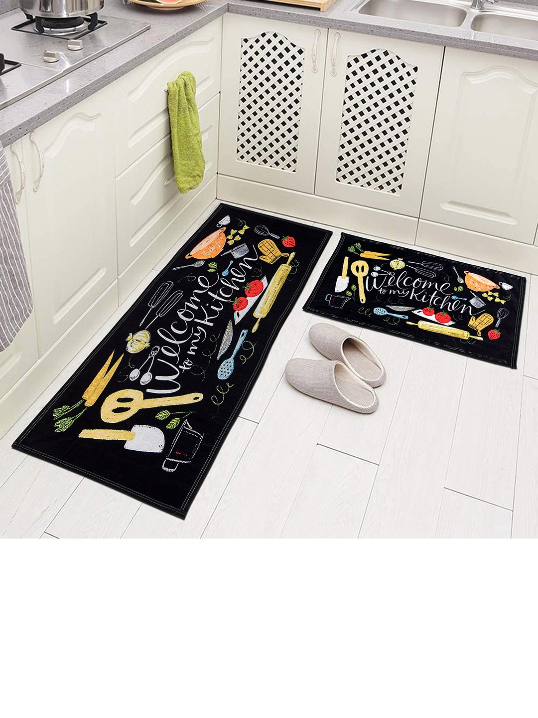 

AAZEEM Set Of 2 Black Printed Anti-Skid Rectangle Floor Runners