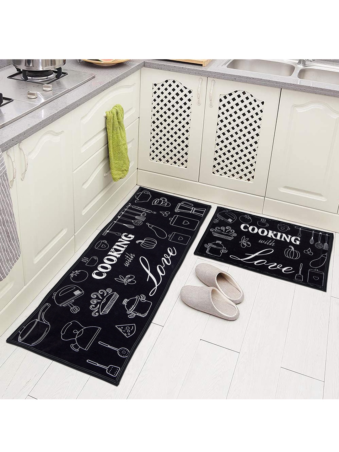 

AAZEEM Set Of 2 Abstract Floor Runner & Mat, Black