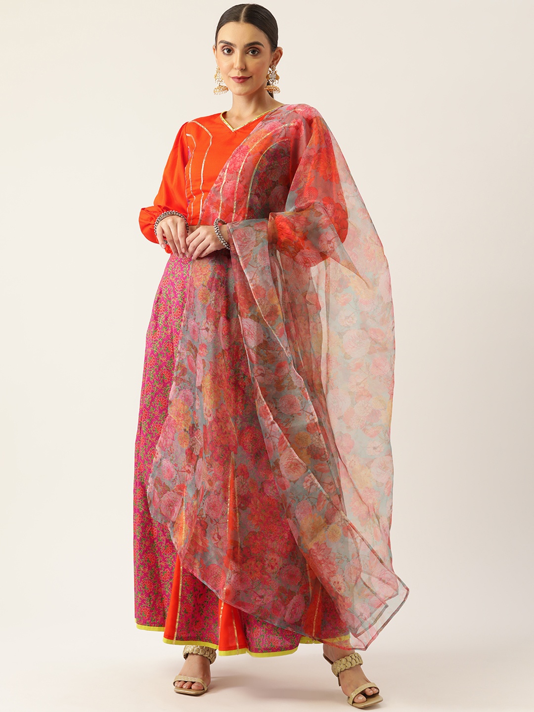 

InWeave Orange & Pink Printed Ready to Wear Lehenga & Semi-Stitched Blouse With Dupatta