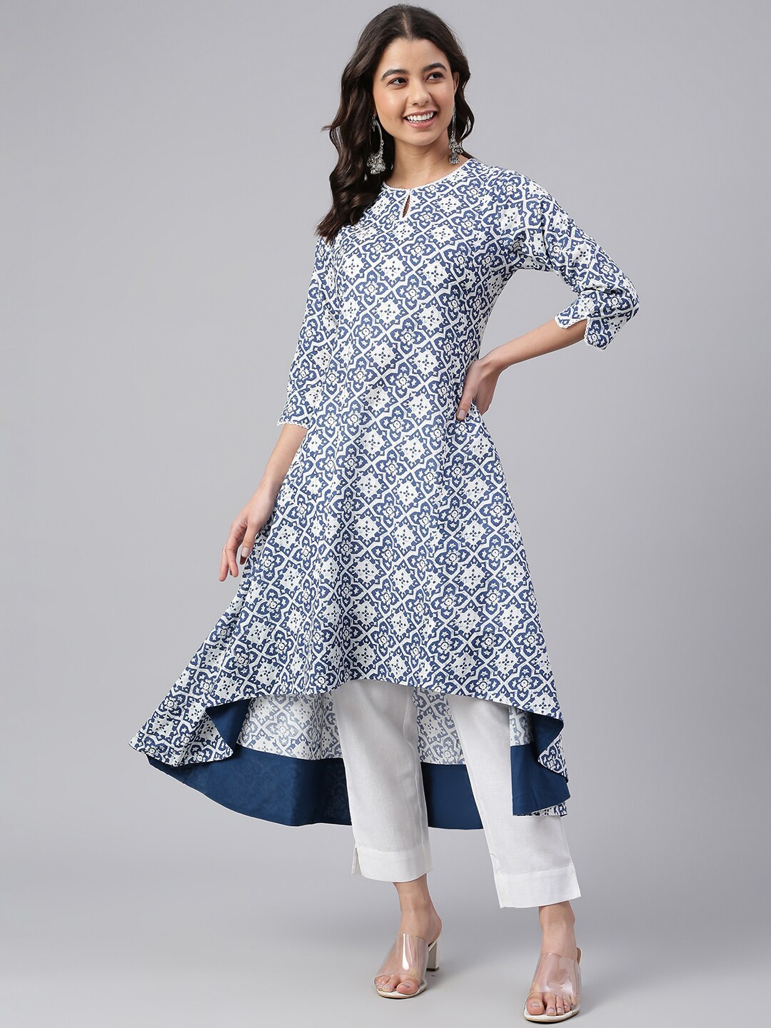 

Janasya Women Navy Blue Cotton Block Print High Low Kurta