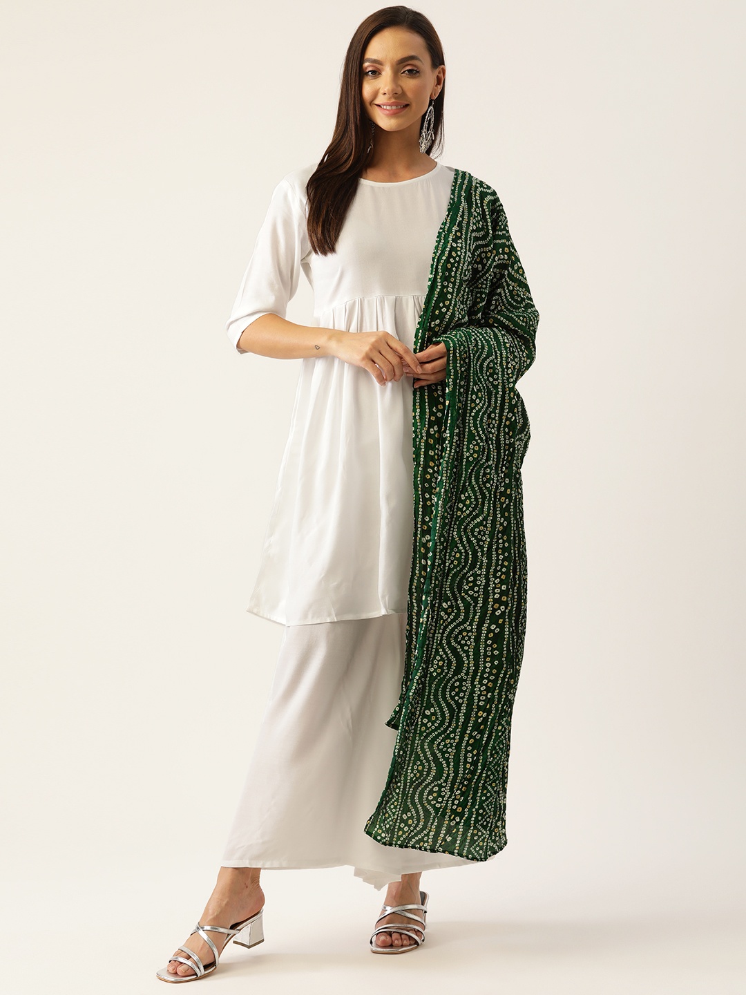 

InWeave Women White Empire Kurta with Palazzos & With Bandhani Dupatta