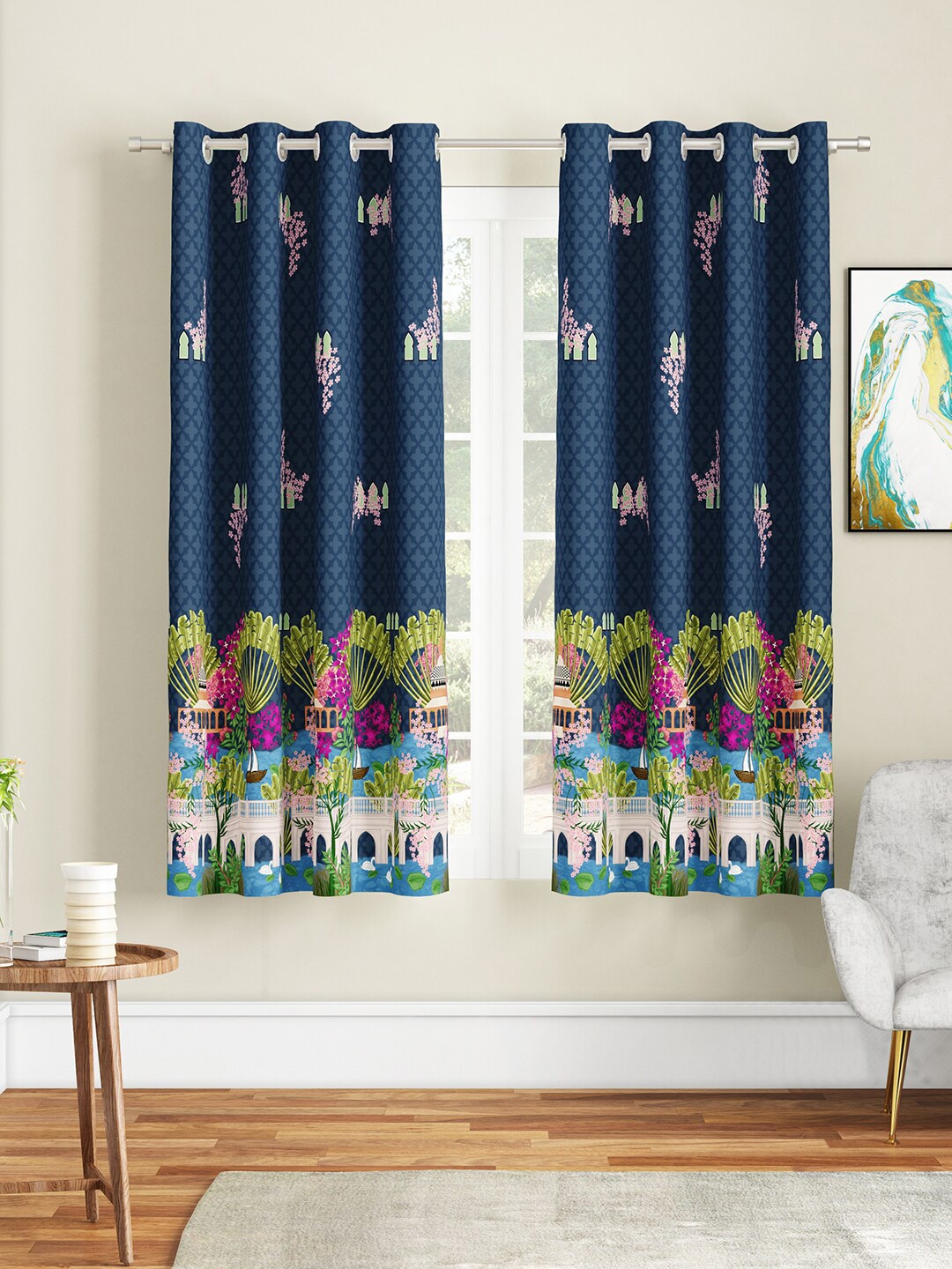 

SEJ by Nisha Gupta Blue & Pink Set of 2 Window Curtain